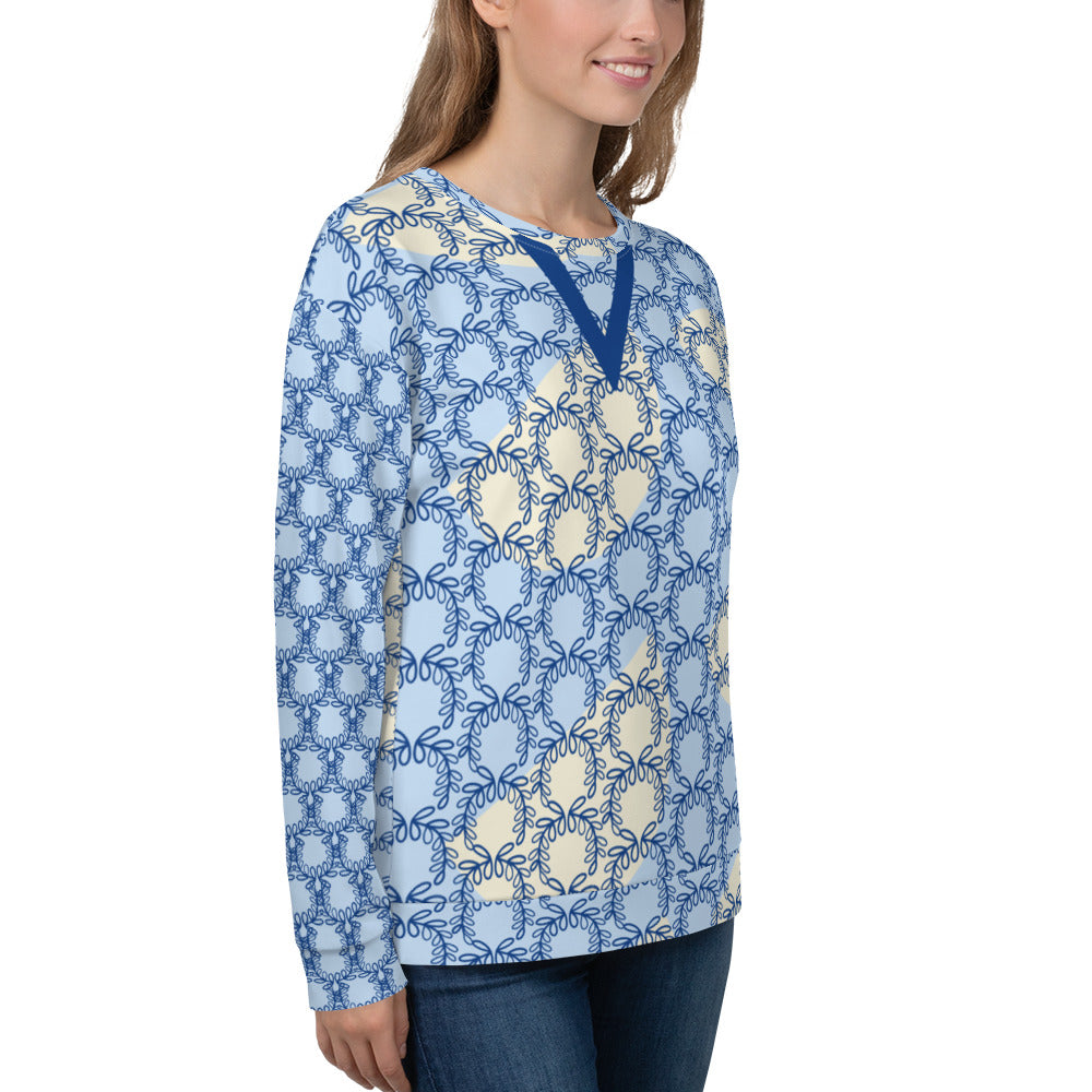 Women's All-Over Print Recycled Unisex Sweatshirt Laurel Leaves Crown and Dark Cerulean V Neck Design for Woman