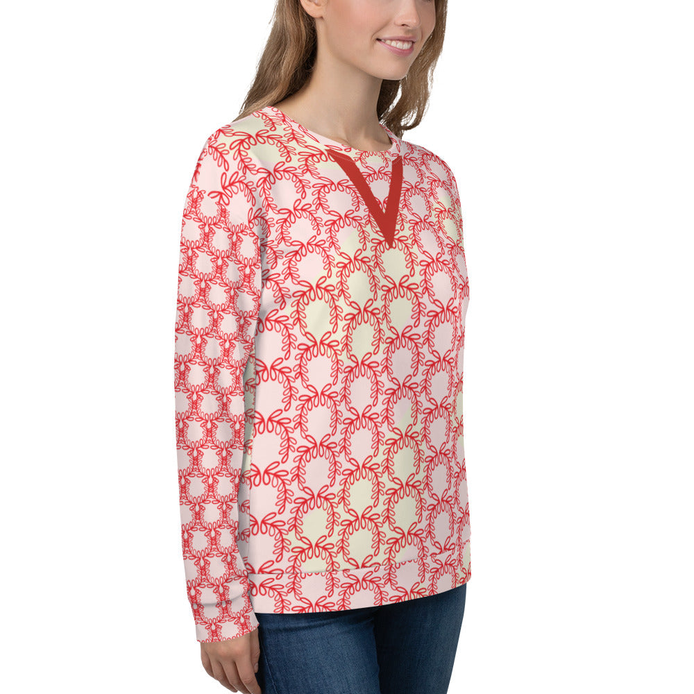 Women's All-Over Print Recycled Unisex Sweatshirt Laurel Leaves Crown Alizarin V Neck Design