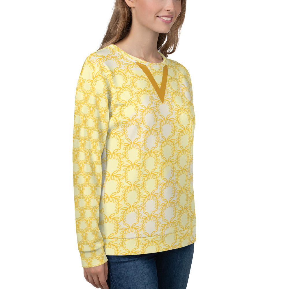 Women's All-Over Print Recycled Unisex Sweatshirt Laurel Leaves Crown Yellow V Neck Design