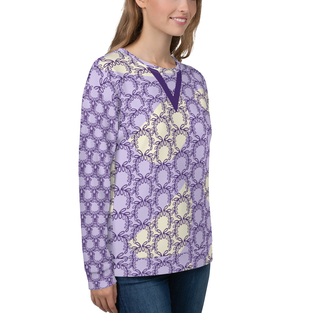 Women's All-Over Print Recycled Unisex Sweatshirt Laurel Leaves Crown Purple V Neck Design