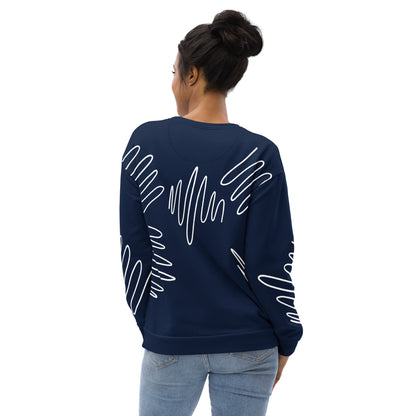 All-over print recycled unisex sweatshirt with Athletic Stripes "Team" pattern in dark cerulean blue for women, back view, photo 1