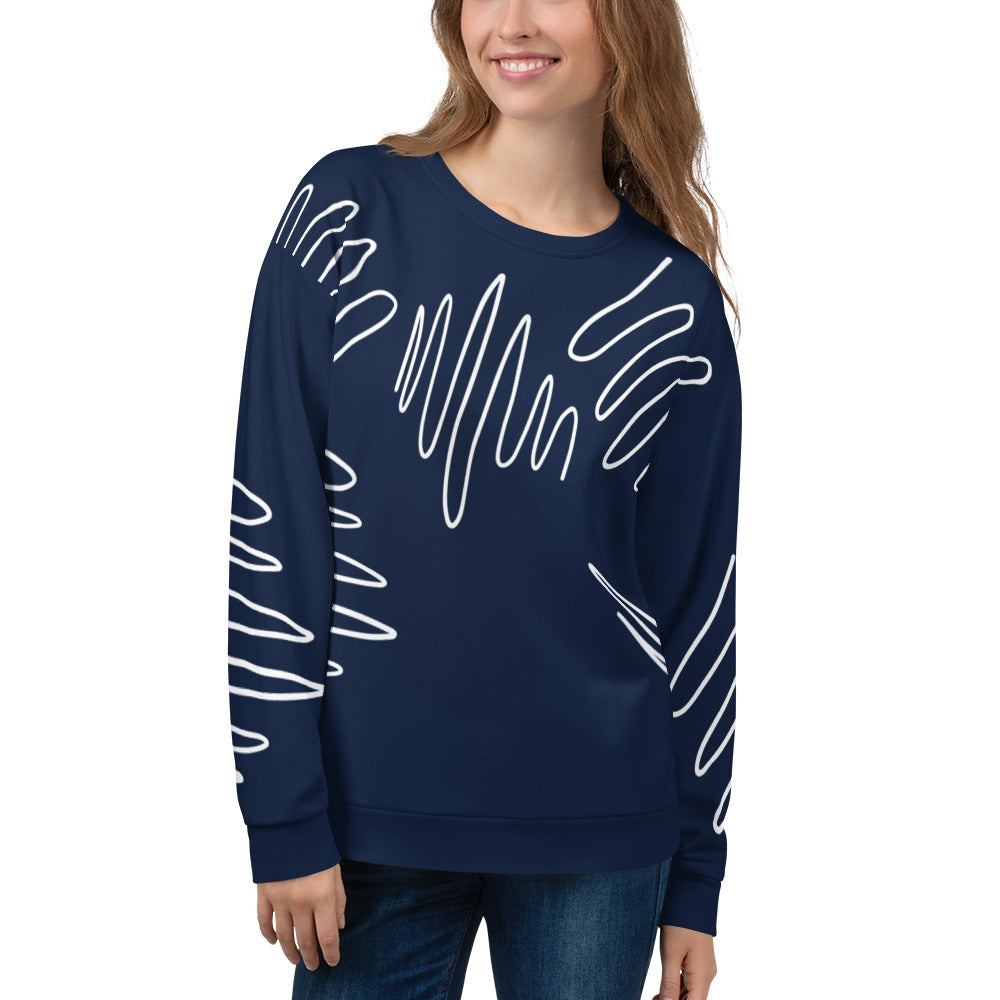 All-over print recycled unisex sweatshirt with Athletic Stripes "Team" pattern in dark cerulean blue for women, front view, photo 1