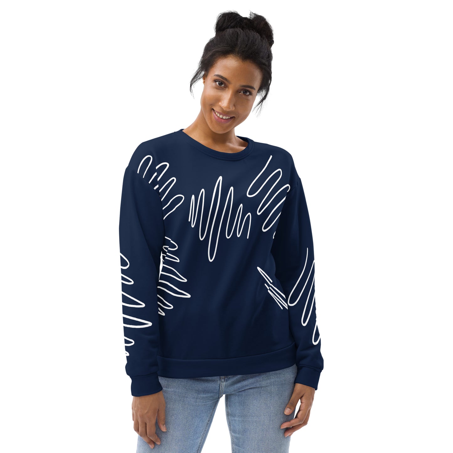 All-over print recycled unisex sweatshirt with Athletic Stripes "Team" pattern in dark cerulean blue for women, front view, photo 2