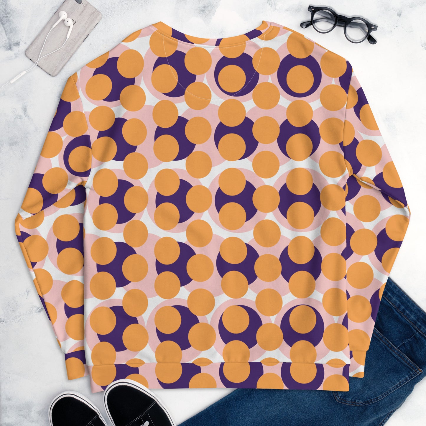 Women's All-Over Print Recycled Unisex Sweatshirt Abstract Circles Texas Rose Orange