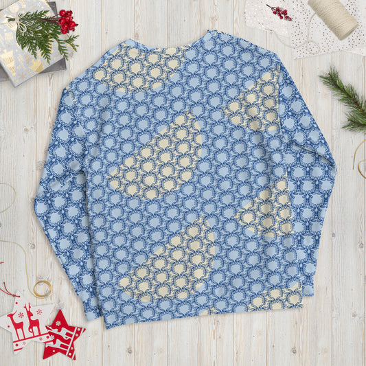 Women's All-Over Print Recycled Unisex Sweatshirt Laurel Leaves Crown and Dark Cerulean V Neck Design for Woman