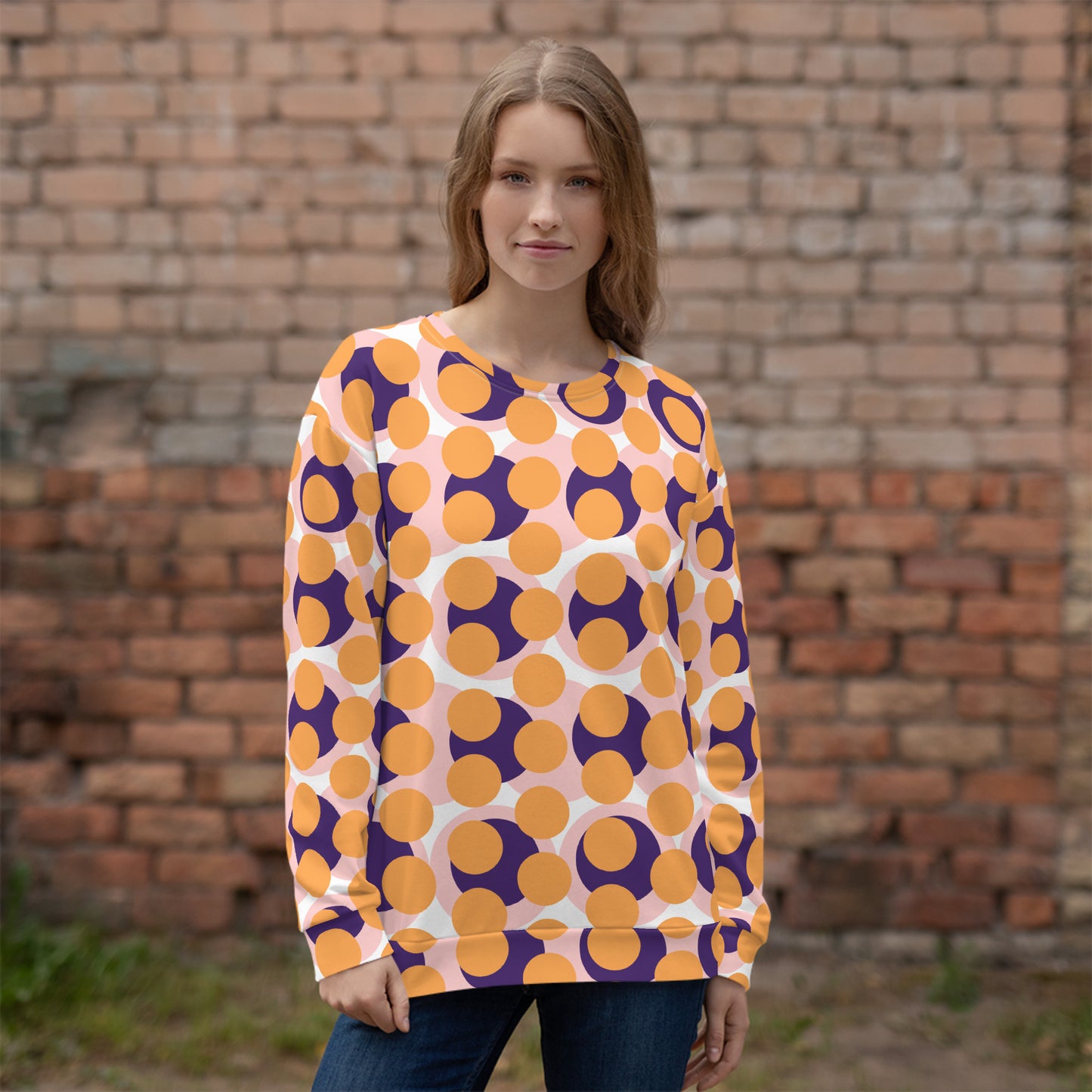 Women's All-Over Print Recycled Unisex Sweatshirt Abstract Circles Texas Rose Orange