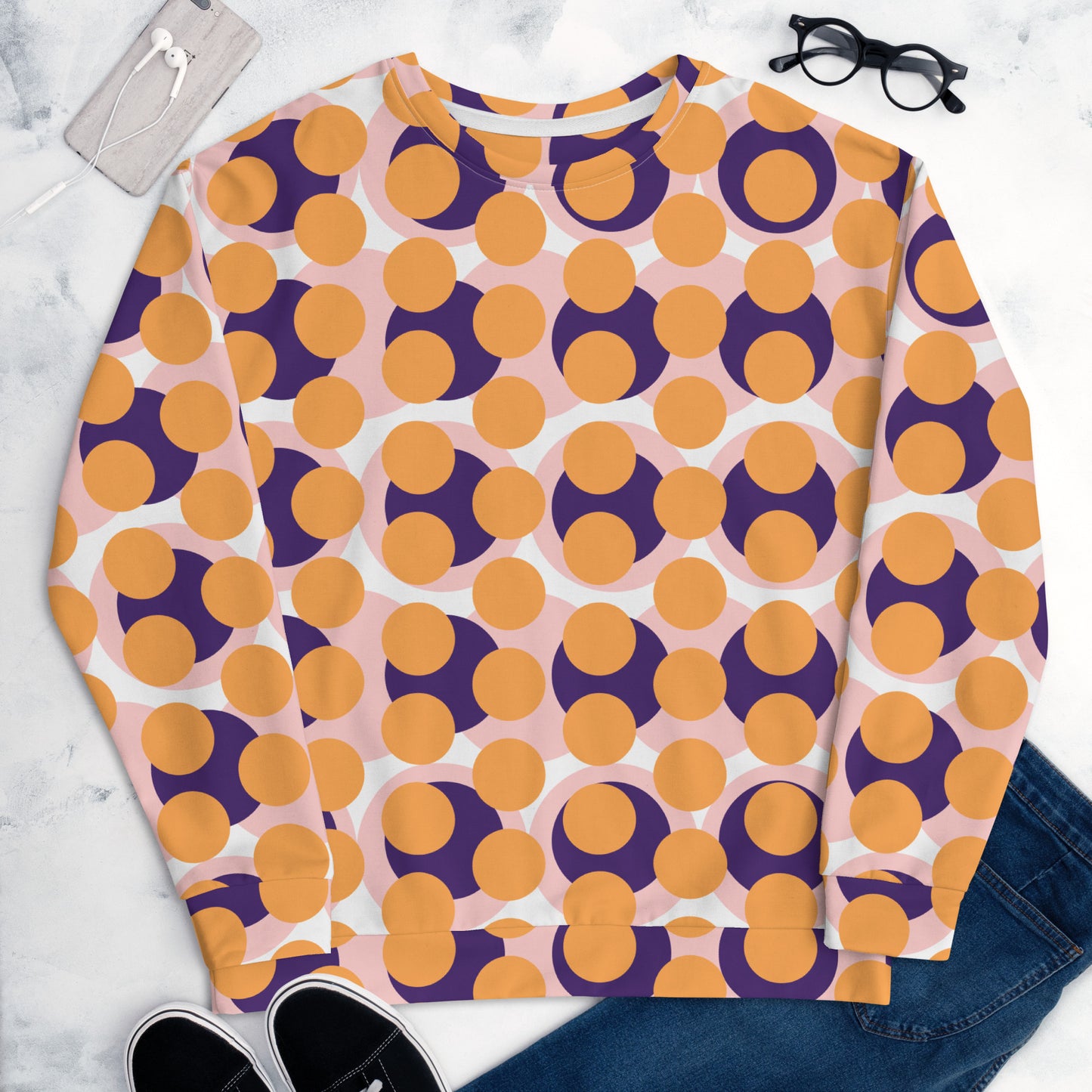 Women's All-Over Print Recycled Unisex Sweatshirt Abstract Circles Texas Rose Orange