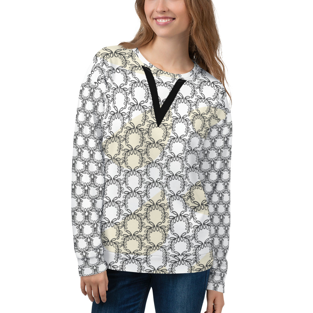 Women's All-Over Print Recycled Unisex Sweatshirt Laurel Leaves Crown Eclipse V Neck Design