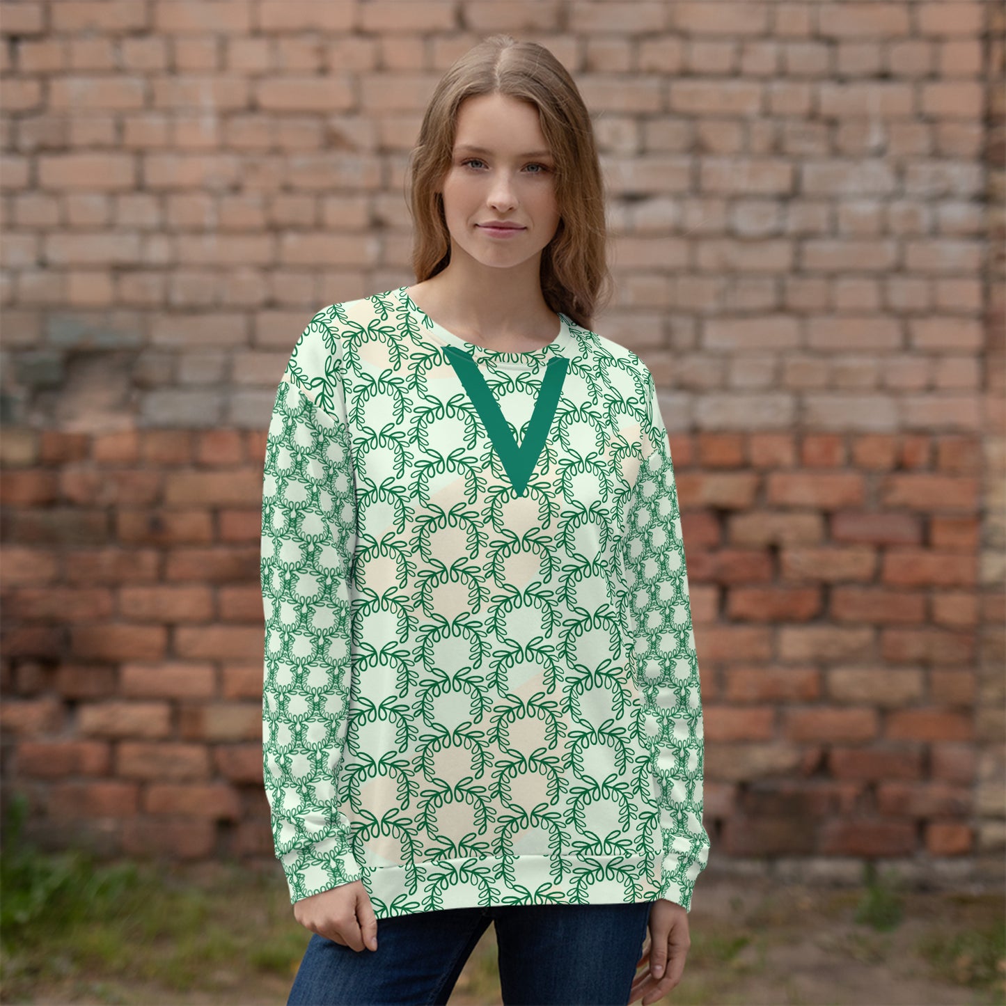 Women's All-Over Print Recycled Unisex Sweatshirt Laurel Leaves Crown Jewel V Neck Design