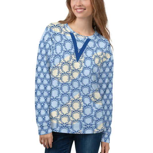 Women's All-Over Print Recycled Unisex Sweatshirt Laurel Leaves Crown and Dark Cerulean V Neck Design for Woman