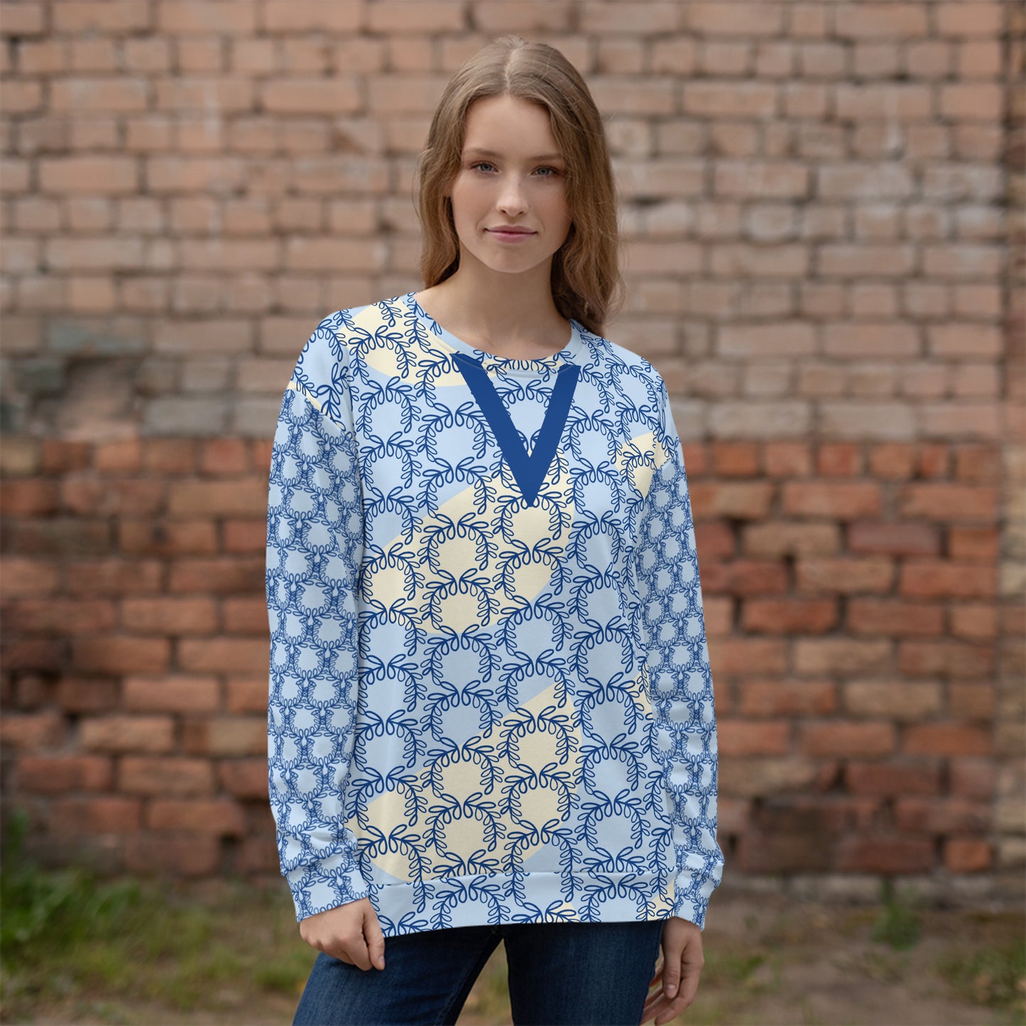 Women's All-Over Print Recycled Unisex Sweatshirt Laurel Leaves Crown and Dark Cerulean V Neck Design for Woman