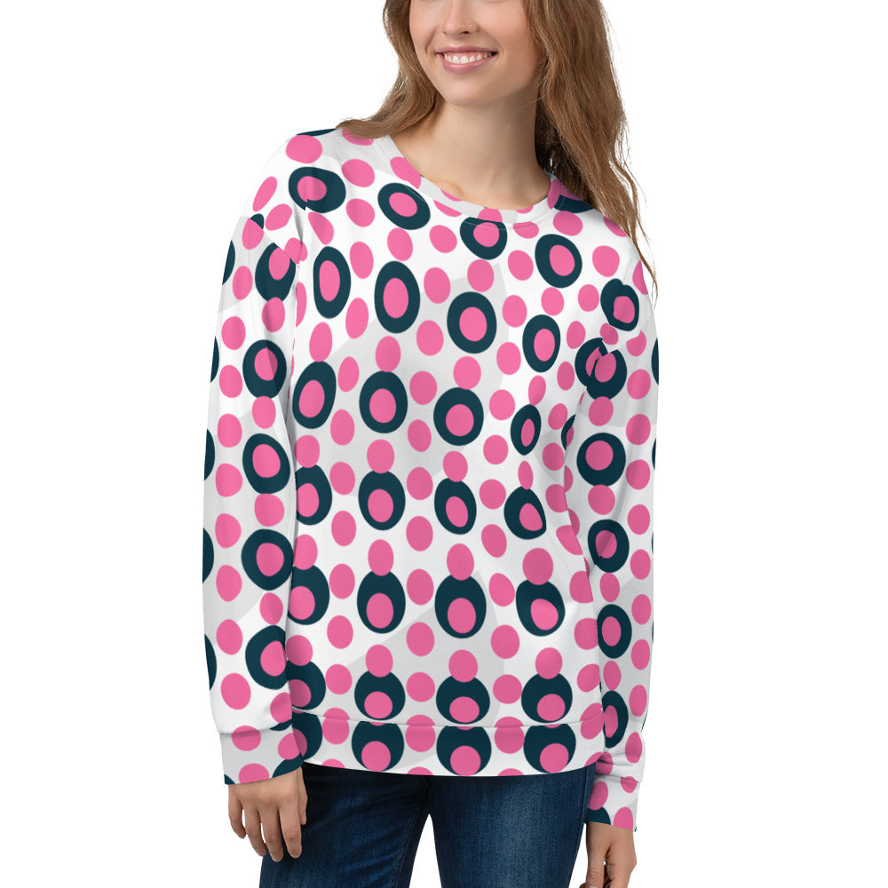 Women's All-Over Print Recycled Unisex Sweatshirt Circles and Polka Dots Brilliant Rose Pink