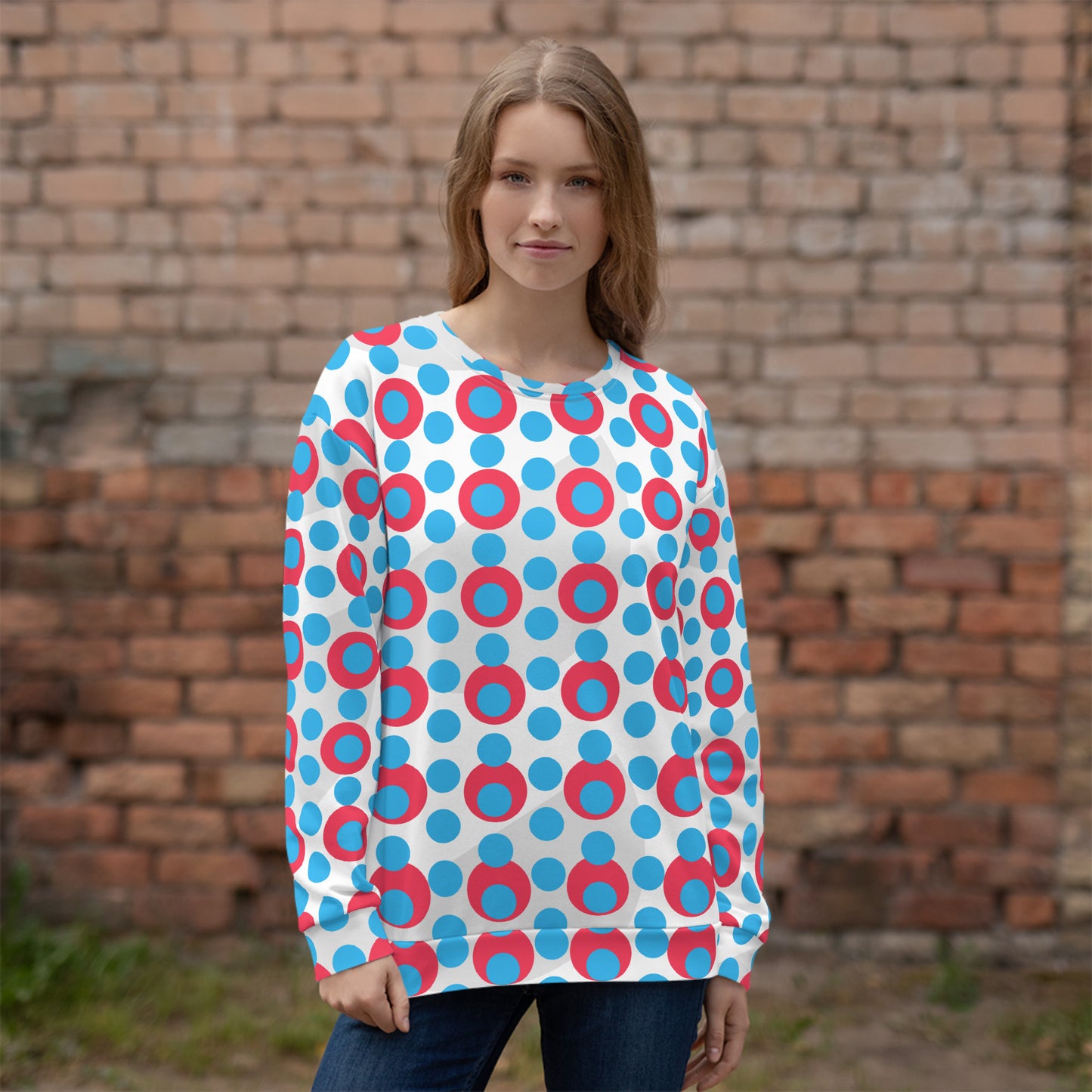 Women's All-Over Print Recycled Unisex Sweatshirt Circles and Polka Dots Deep Sky Blue