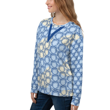 Women's All-Over Print Recycled Unisex Sweatshirt Laurel Leaves Crown and Dark Cerulean V Neck Design for Woman