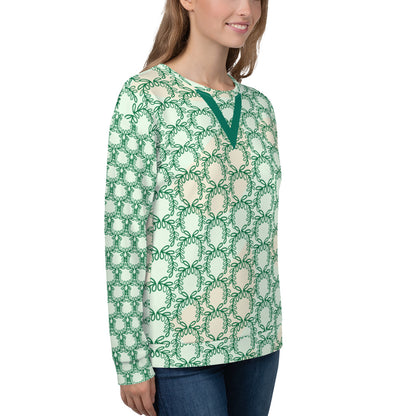 Women's All-Over Print Recycled Unisex Sweatshirt Laurel Leaves Crown Jewel V Neck Design