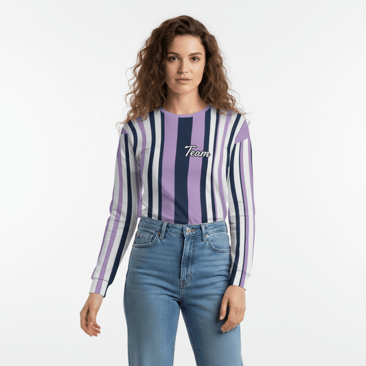 Women's All-Over Print Recycled Unisex Sweatshirt Athletic Pattern Stripes "Team" East Side Violet